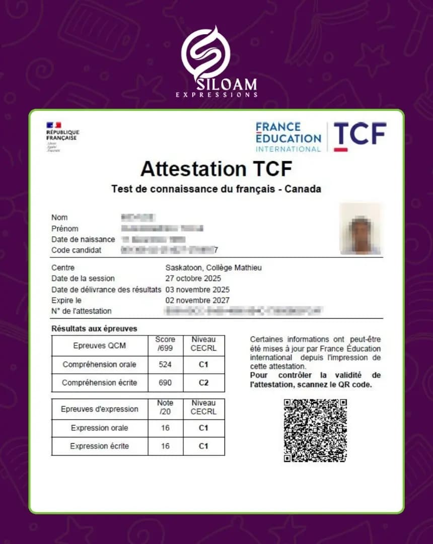 TCF Canada C1+ Level Attestation - Official Test Results Certificate