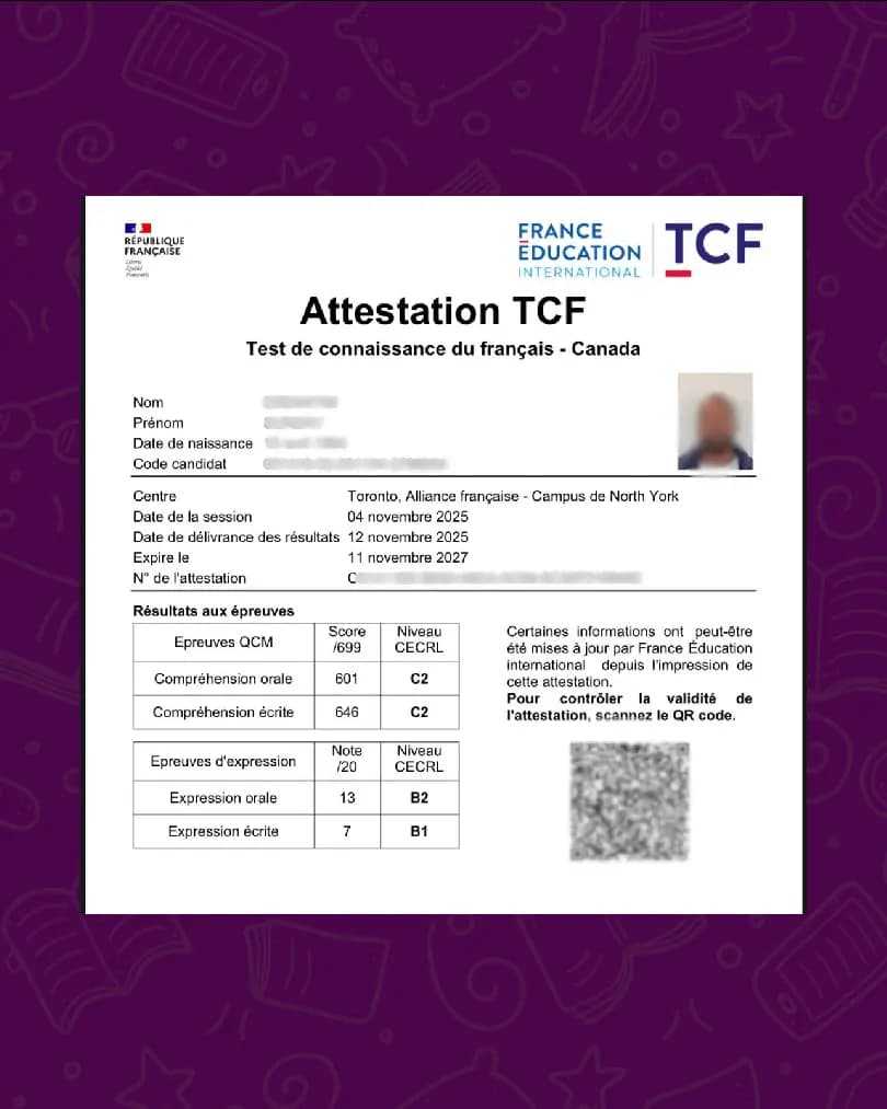 CLB 5 (B1+) Level French Test Results - Official Test Results Certificate