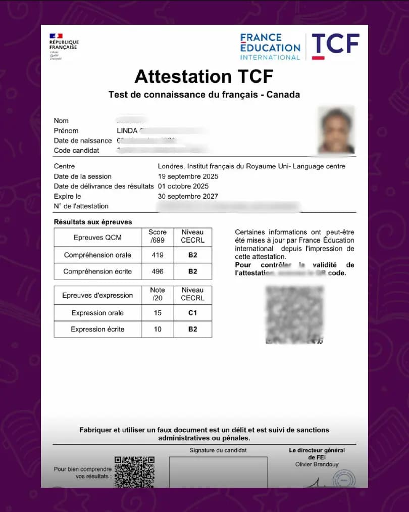 CLB 7 (B2+) Level French Test Results - Official Test Results Certificate